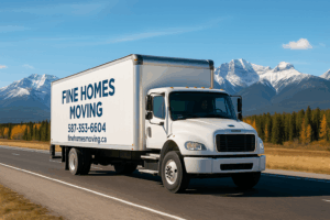 Fine Homes Moving truck driving along a highway near the Canadian Rockies with snow-capped mountains and autumn trees in the background, representing long-distance moving services.
