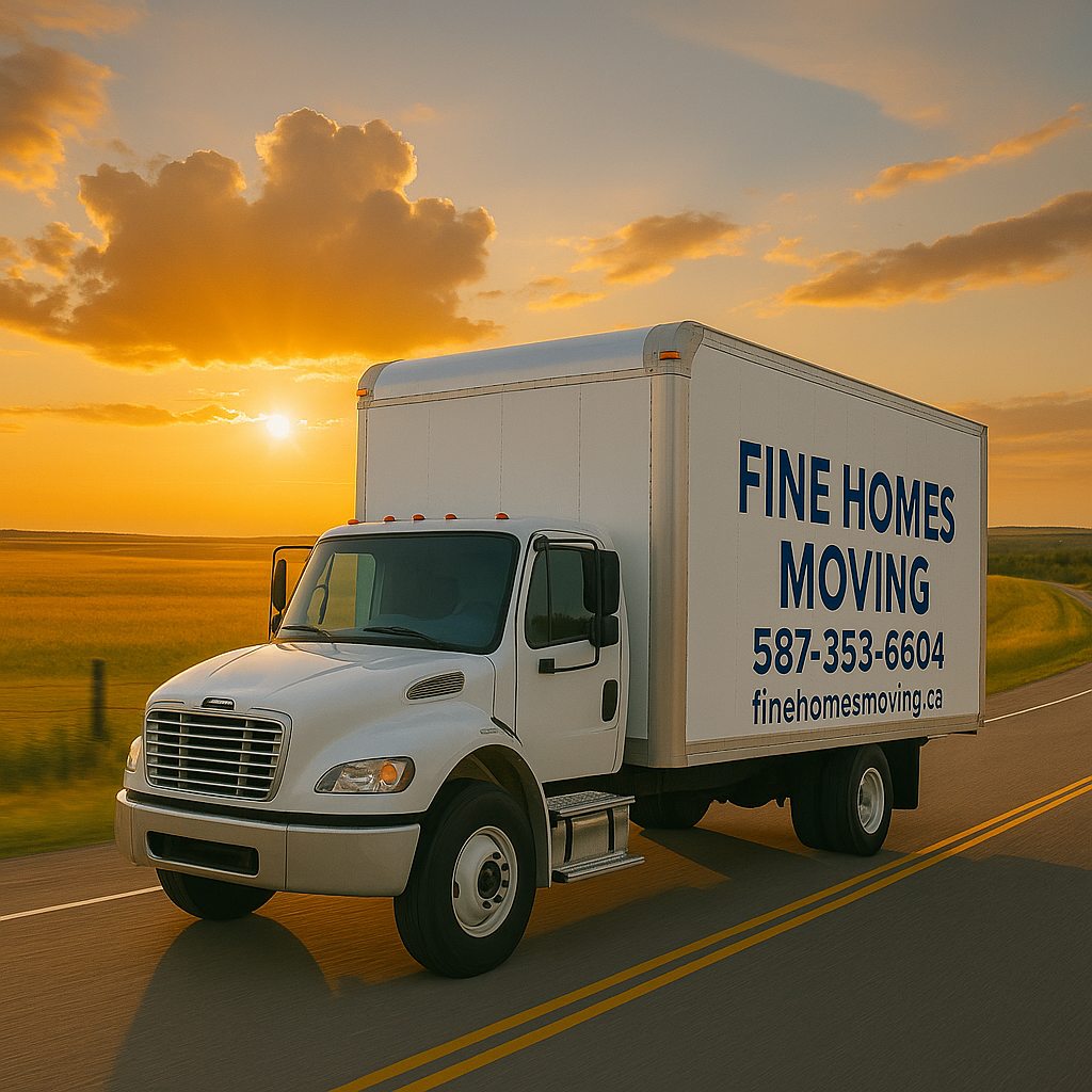 Fine Homes Moving truck driving down a rural Alberta highway at sunset with golden fields and dramatic clouds in the background.