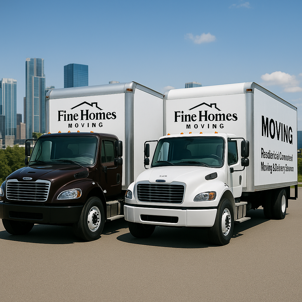 Two Fine Homes Moving trucks, one white and one dark brown, parked side by side in Calgary with city skyscrapers in the background, representing a professional moving fleet.