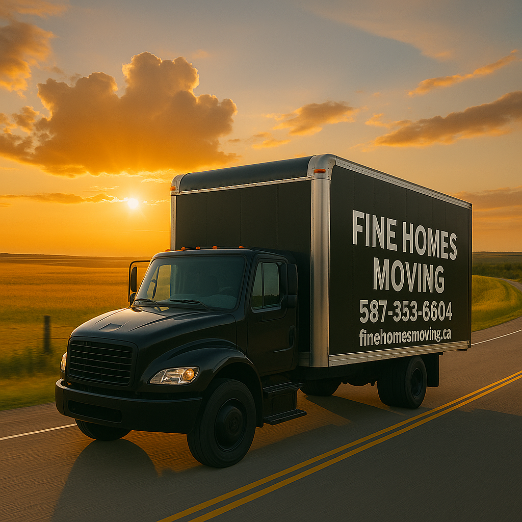 Black Fine Homes Moving truck driving on a rural Alberta highway at sunset with golden fields and dramatic clouds in the background.