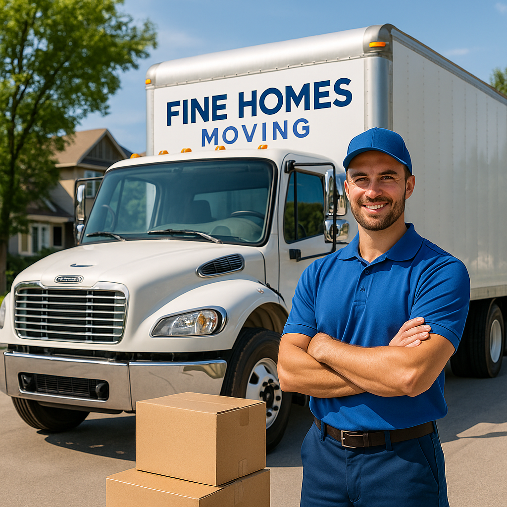 Smiling professional mover standing beside Fine Homes Moving truck with stacked cardboard boxes in a suburban neighborhood.