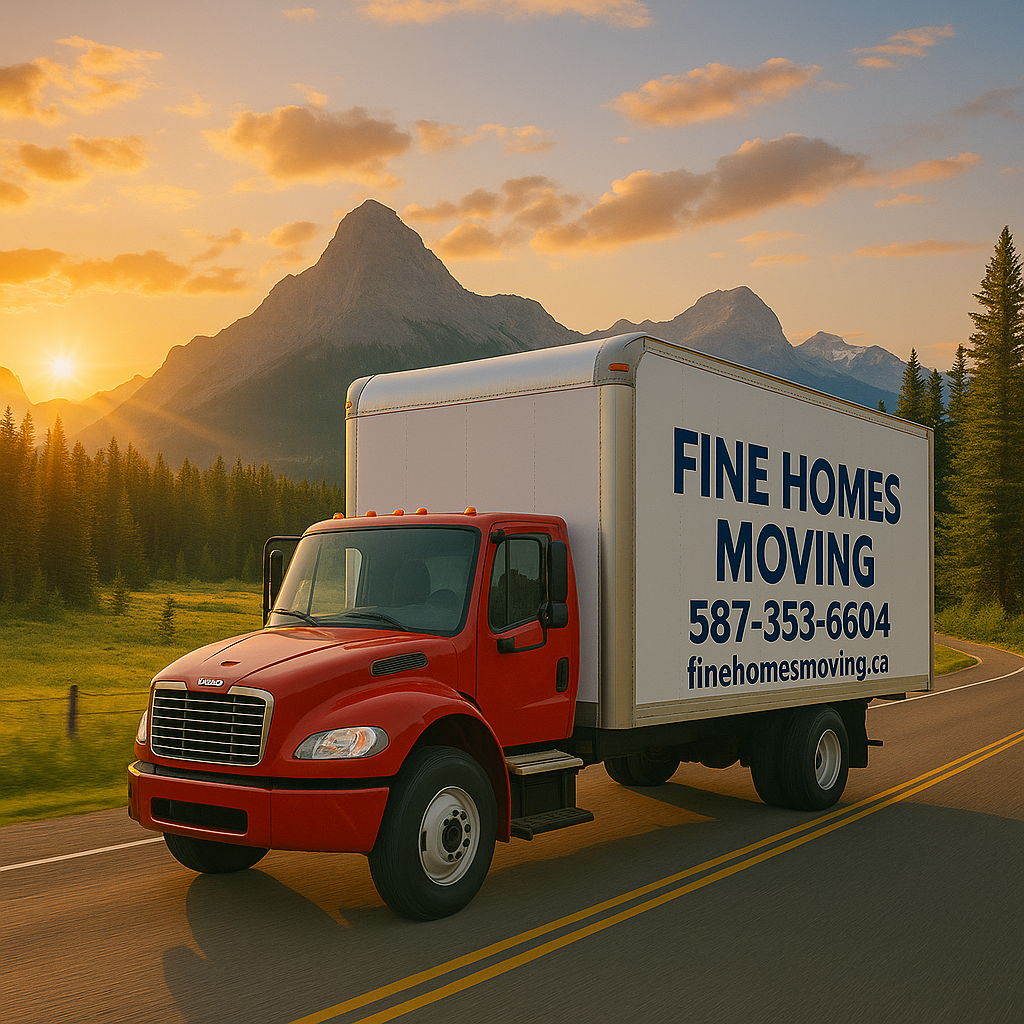 Fine Homes Moving red truck driving along a scenic mountain highway at sunset with pine trees and rocky peaks in the background.