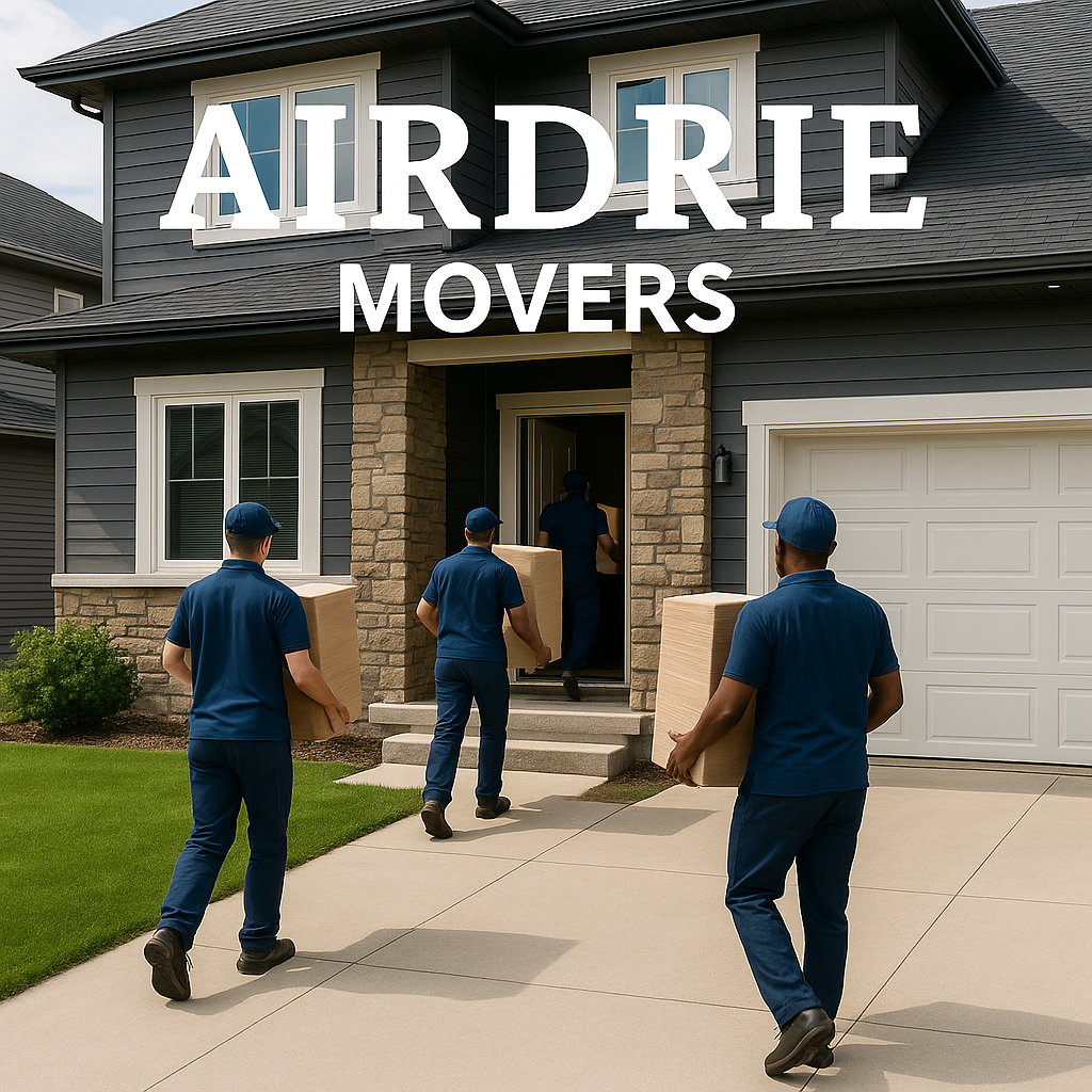 Aridrie Movers text over a wide angle home where three movers are carrying boxes into the house.