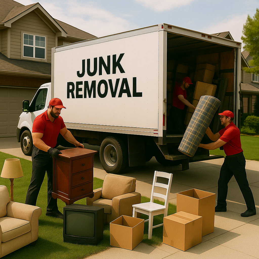Fine Homes Moving crew members in red uniforms loading old furniture, boxes, and household items into a junk removal truck parked in front of a Calgary home.