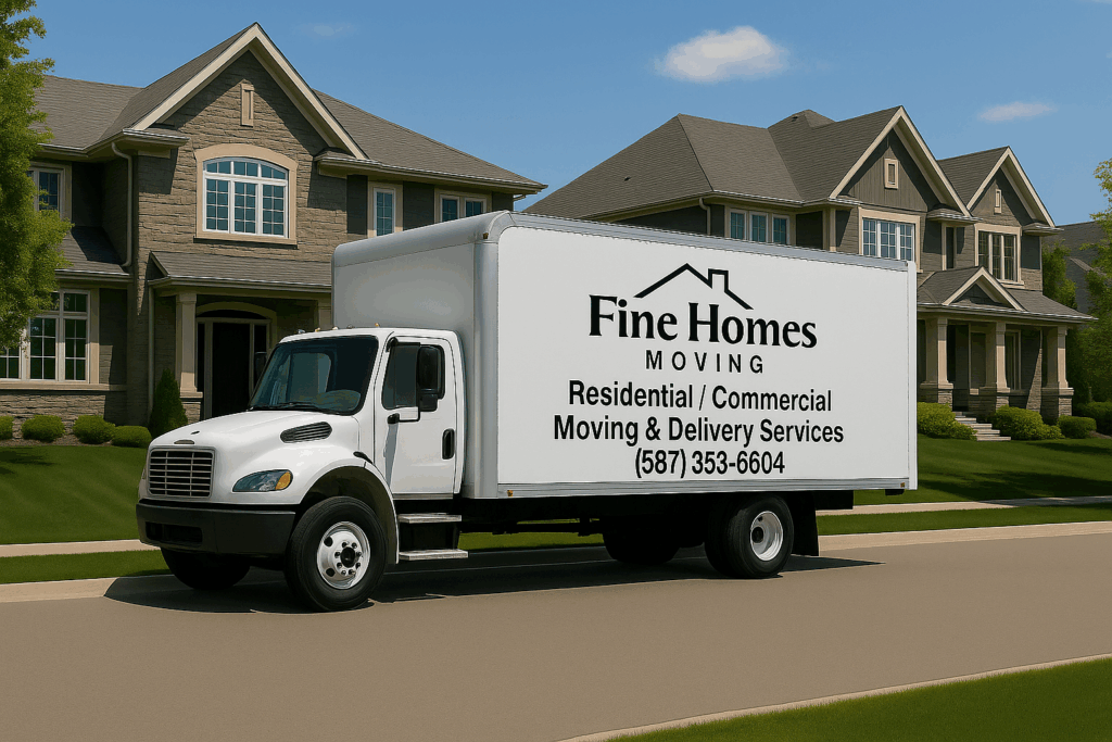 Fine Homes Moving white truck parked in front of upscale Calgary homes, representing reliable residential and commercial moving and delivery services.