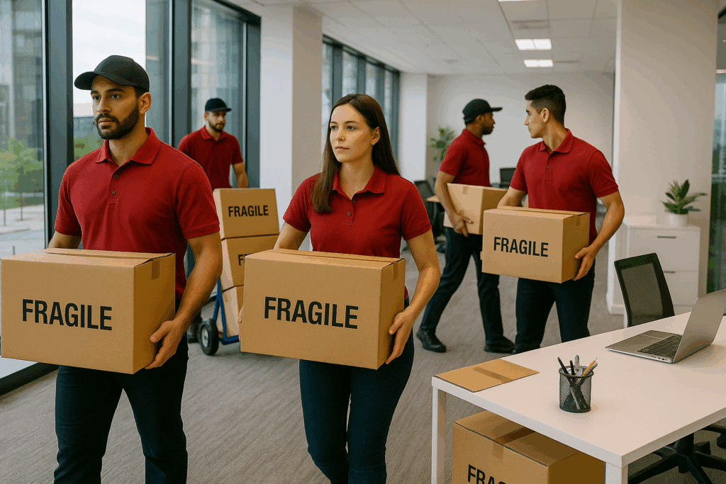 Fine Homes Moving crew in red uniforms carefully carrying labeled fragile boxes inside a modern Calgary office building, demonstrating expert commercial moving services.