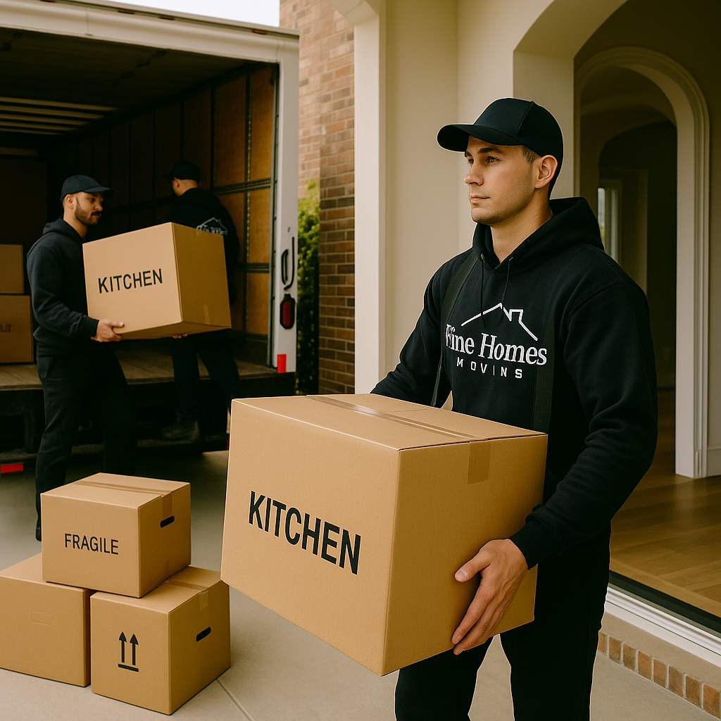 Fine Homes Moving team members wearing black uniforms carefully unloading labeled kitchen and fragile boxes from a moving truck into a Calgary home driveway.