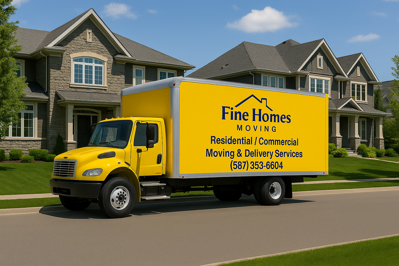 Bright yellow Fine Homes Moving truck parked in front of upscale suburban homes, ready for residential and commercial moving services.