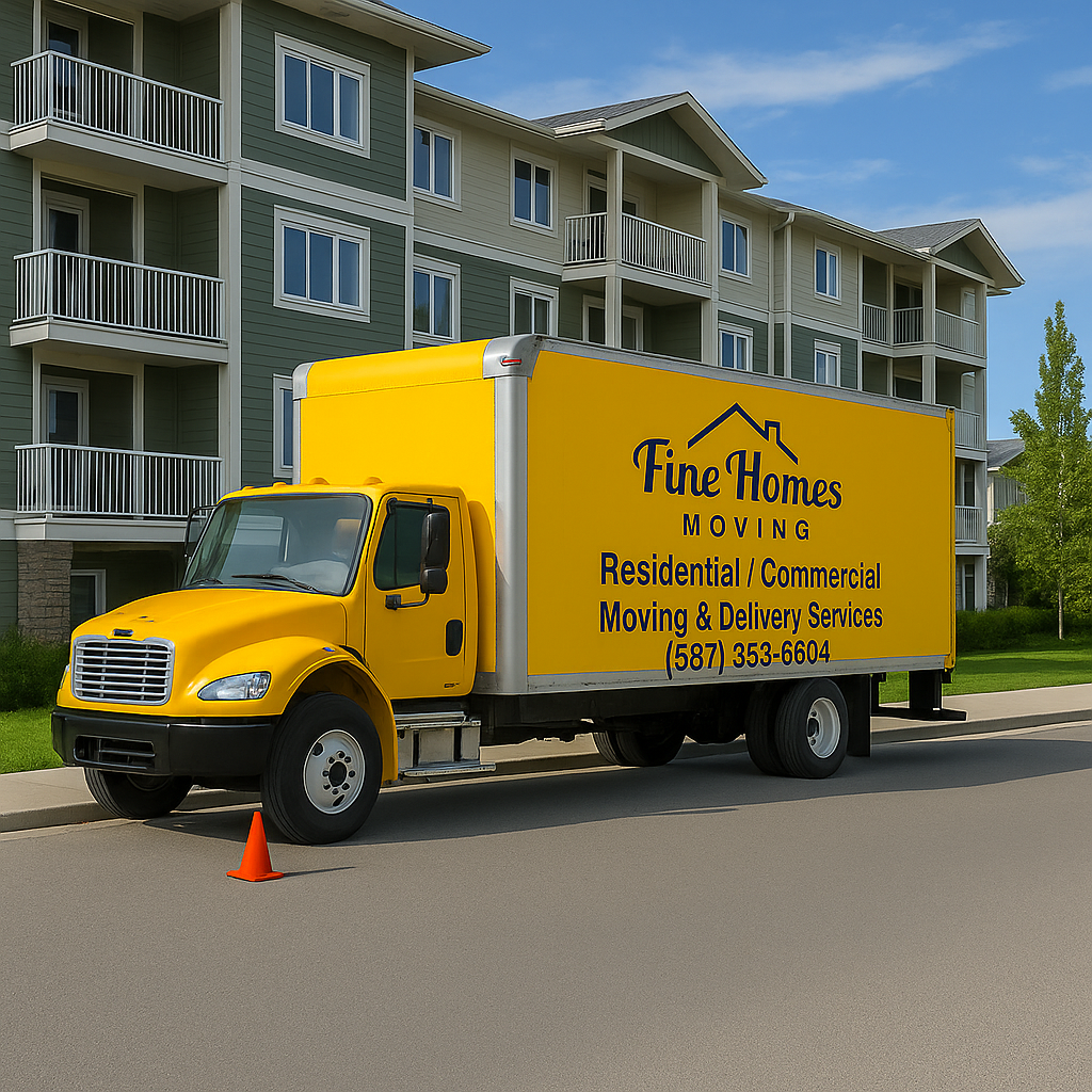 Bright yellow Fine Homes Moving truck parked in front of a modern residential apartment building, ready for residential and commercial moving services.