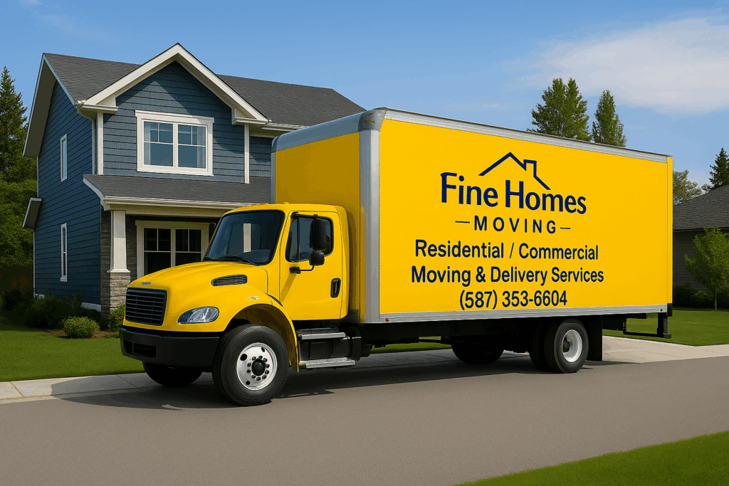 Bright yellow Fine Homes Moving truck parked in front of a modern blue two-storey home, ready for residential and commercial moving services.