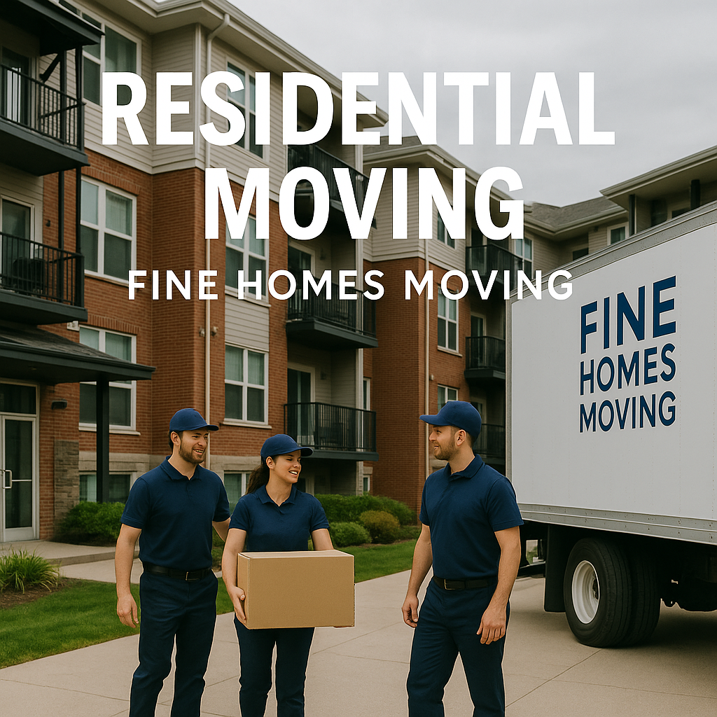 Fine Homes Moving crew carrying boxes outside a modern residential apartment building next to a branded moving truck.