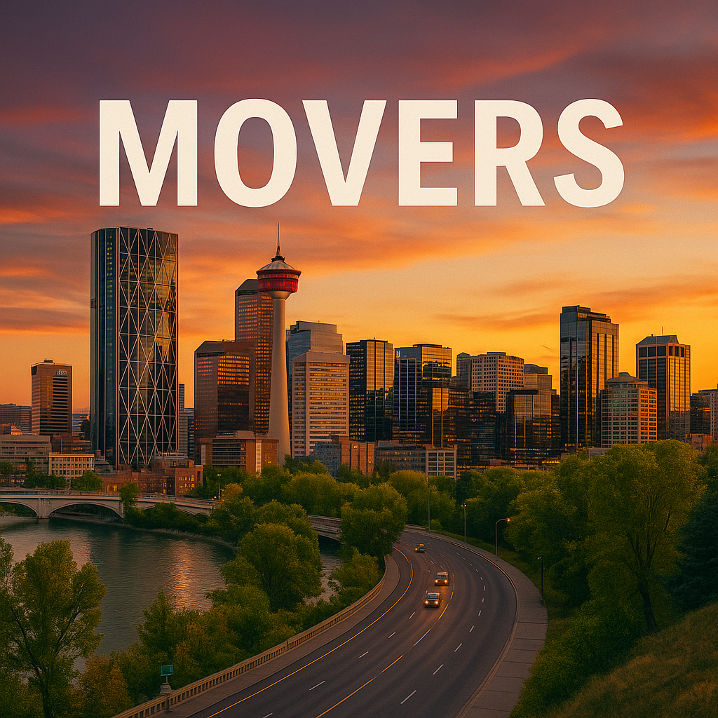 Calgary skyline at sunset with the Calgary Tower and downtown buildings, featuring large MOVERS text overlay.
