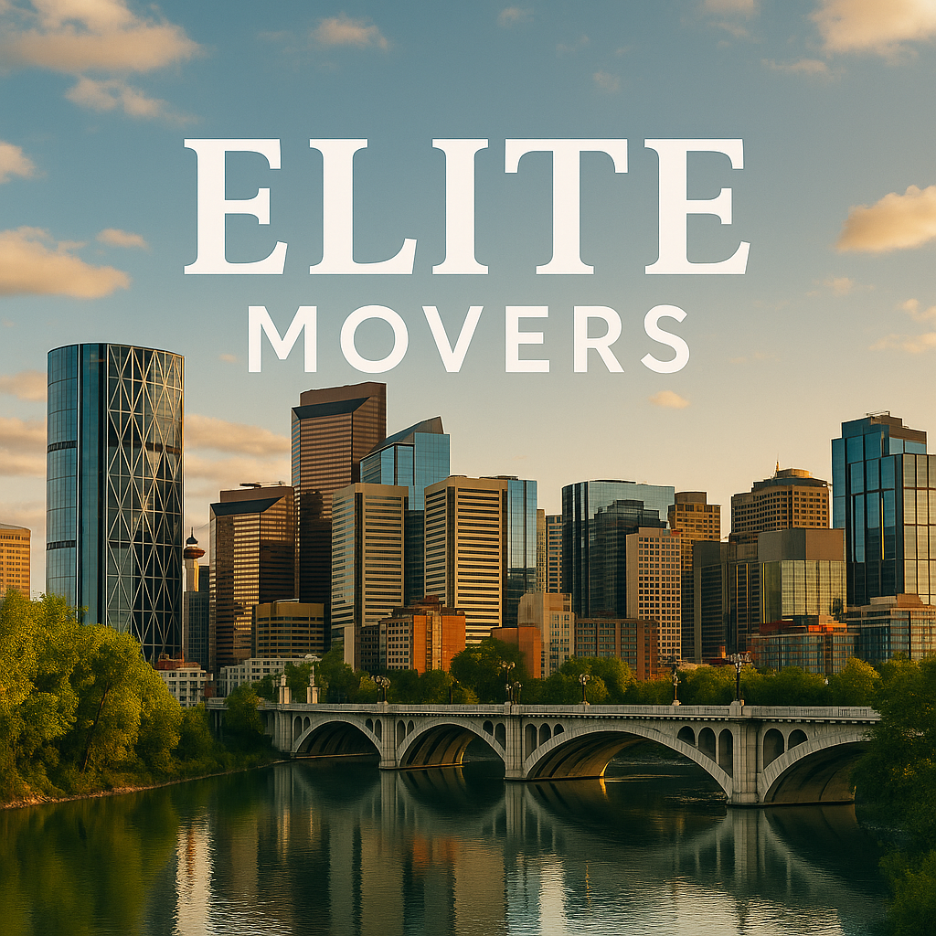 Calgary downtown skyline at golden hour with river and bridge in foreground, featuring the text ELITE MOVERS above the cityscape.