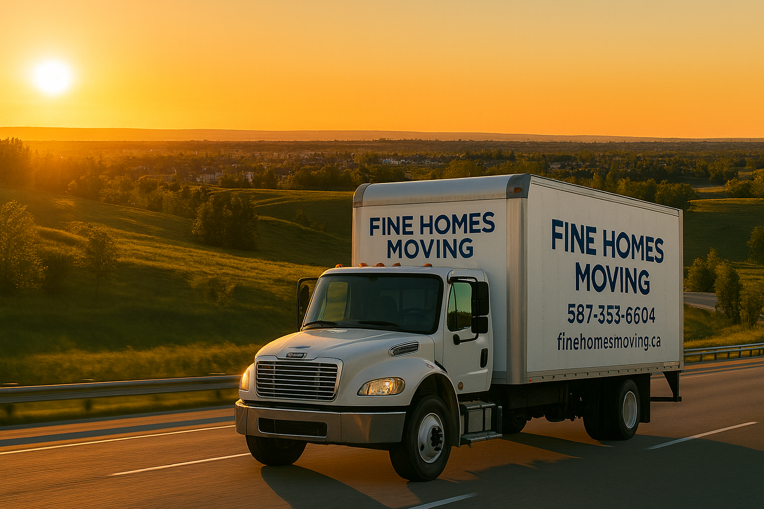 Fine Homes Moving truck driving along Stoney Trail in Calgary at sunset, heading toward Springbank with the city skyline and mountains in the background.