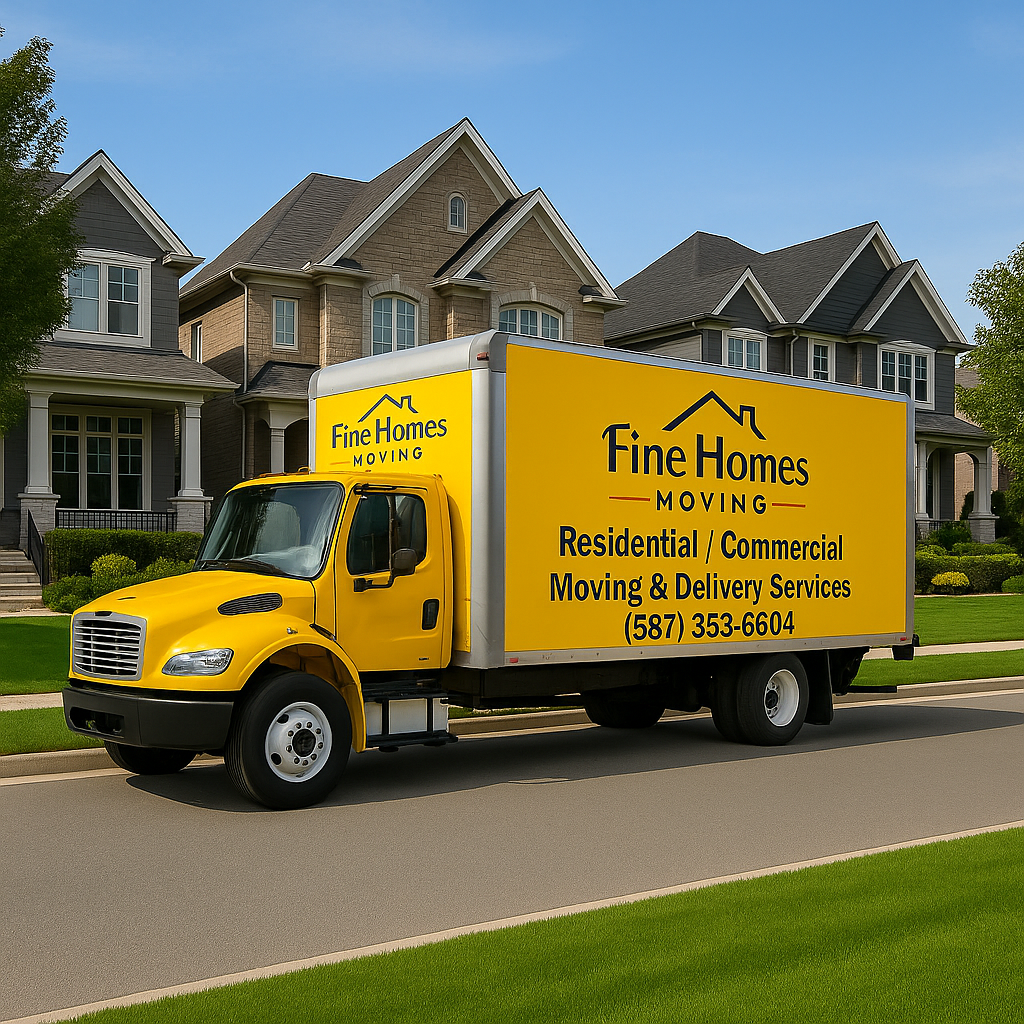 Bright yellow Fine Homes Moving truck parked in front of upscale Calgary homes, showcasing professional residential and commercial moving and delivery services.