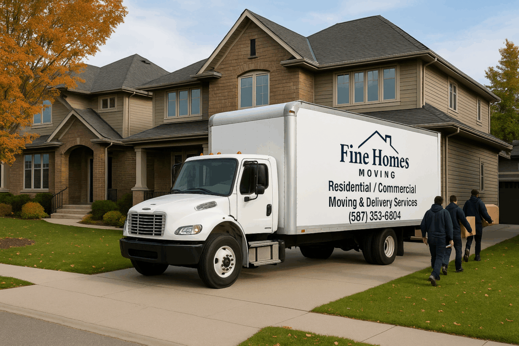 Fine Homes Moving white truck parked outside a Calgary home as uniformed movers carry boxes inside, representing professional residential and commercial moving services.