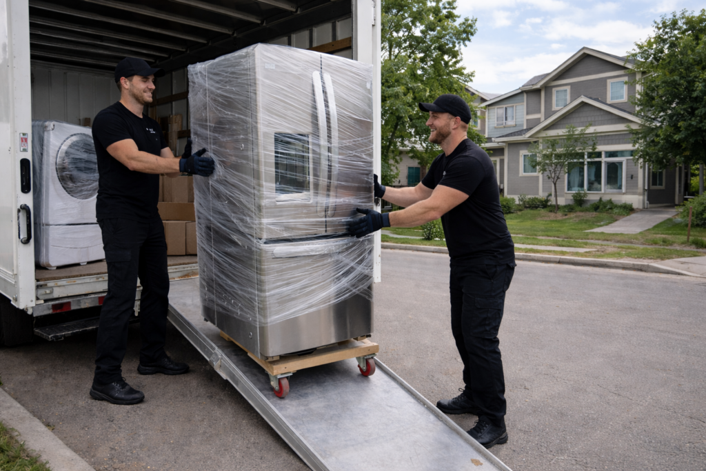 Fridge being offloaded from moving truck on dolly.