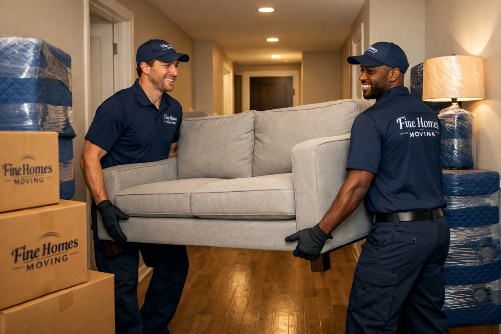 Two movers carefully carrying a couch through a home with neatly wrapped furniture