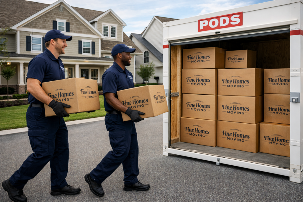 Two movers each carrying a box to a neatly packed POD full of boxes