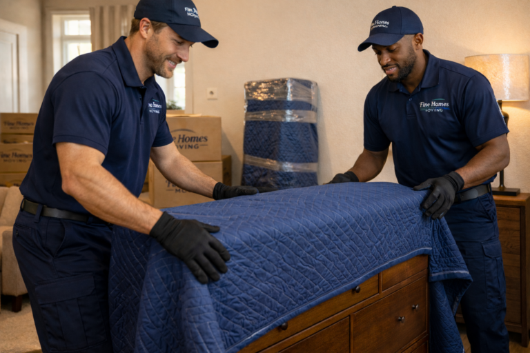 Two movers gently wrapping a dresser in a blue moving blanket for protection