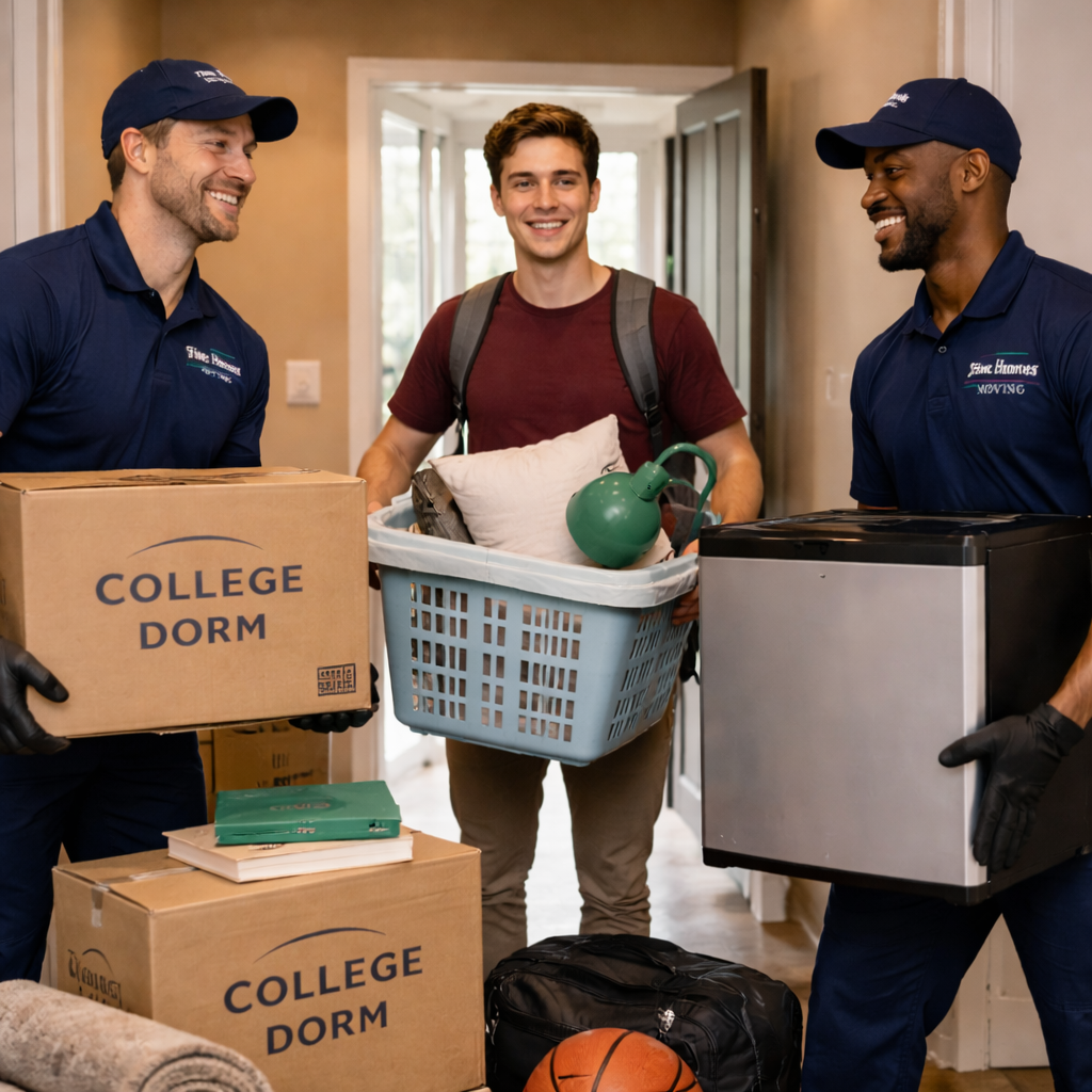 Two movers and a college student dropping off the fridge a box and a basket full of belongings into the dorm room