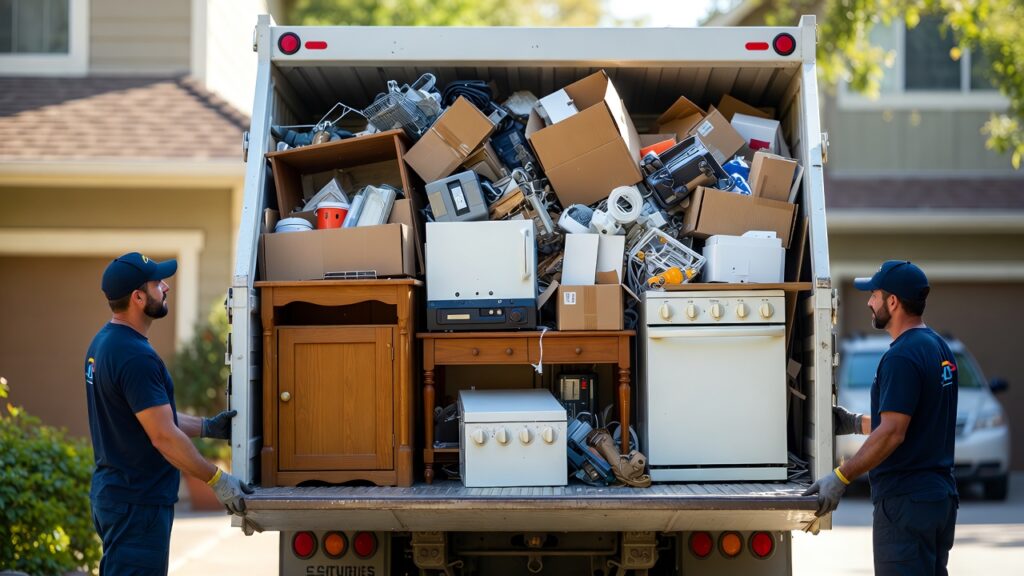 Two movers standing at the side of the junk removal truck. Showing a neatly packed truck full of junked items
