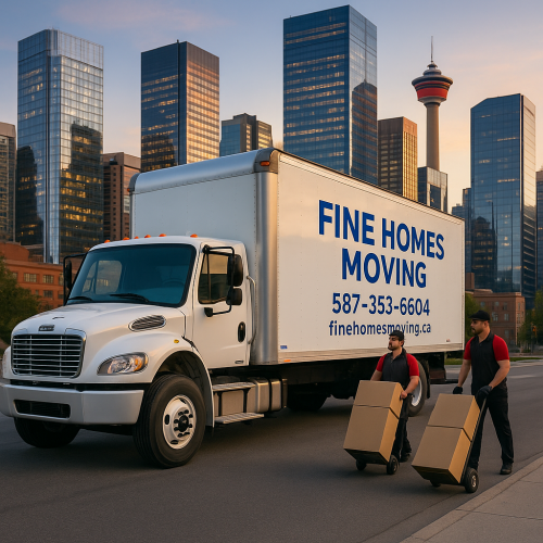 Fine Homes Moving truck parked in downtown Calgary with movers in red uniforms unloading boxes on dollies, featuring the Calgary Tower and city skyline in the background.