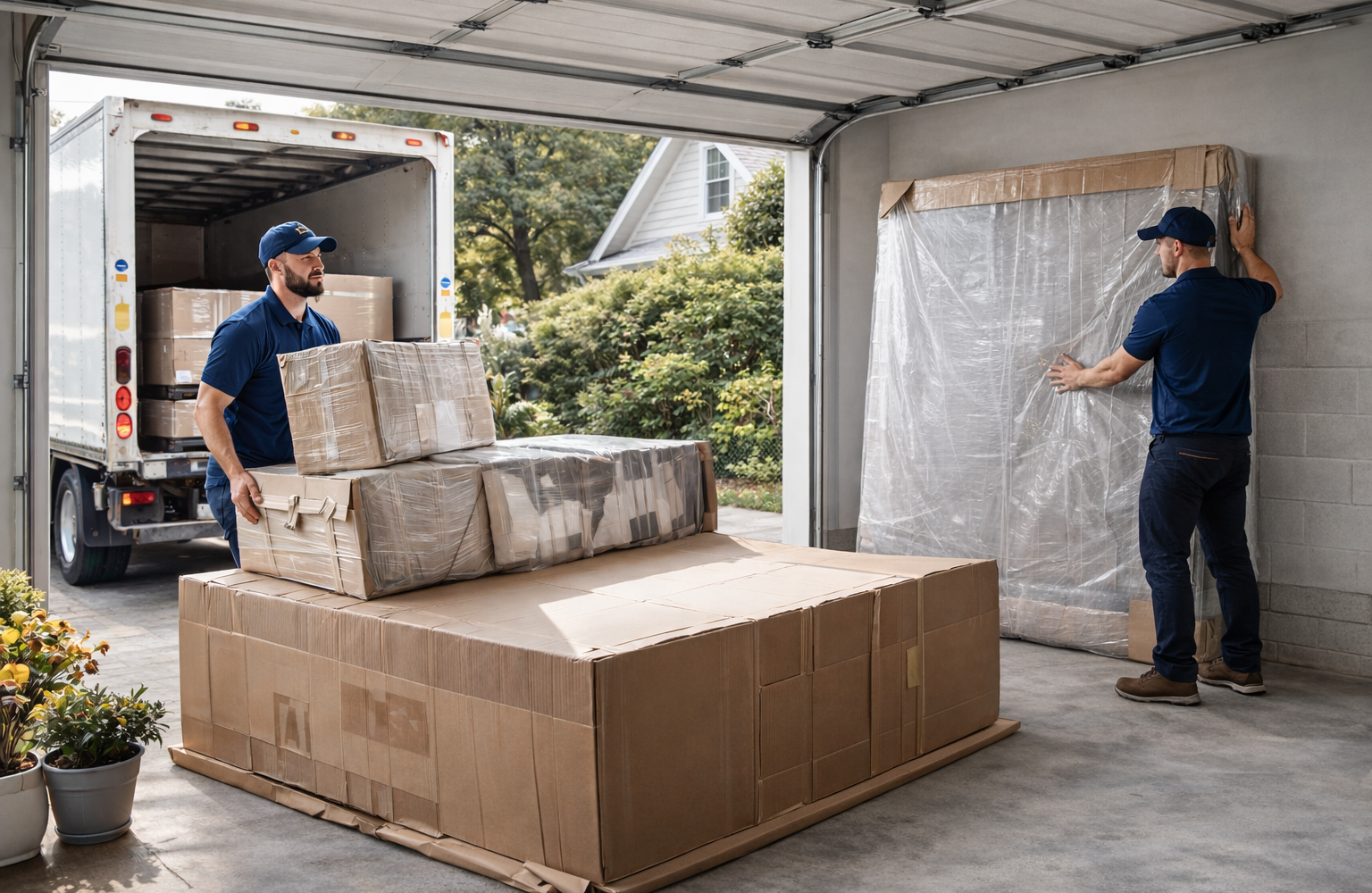 Two movers offloading a bed set from the moving truck into the garage of the home.