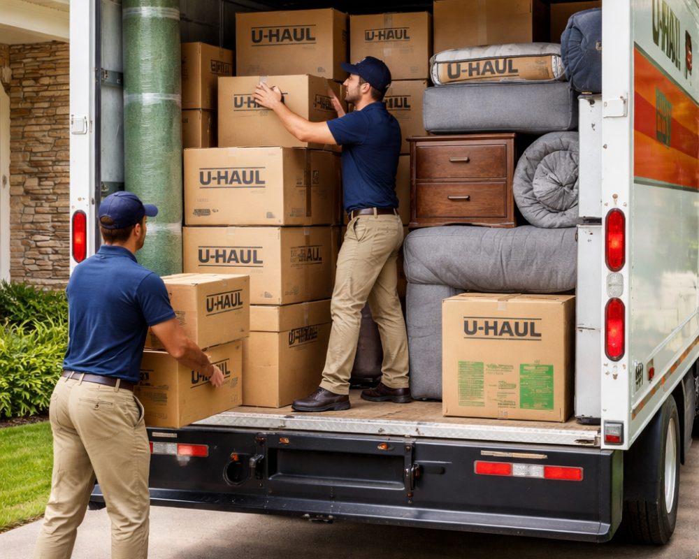 Two movers neatly packing a U-Haul truck with customers belongings