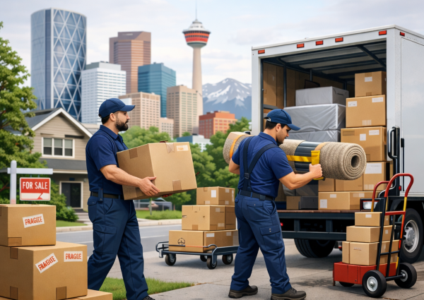 Two movers packing a moving truck full of belongings.