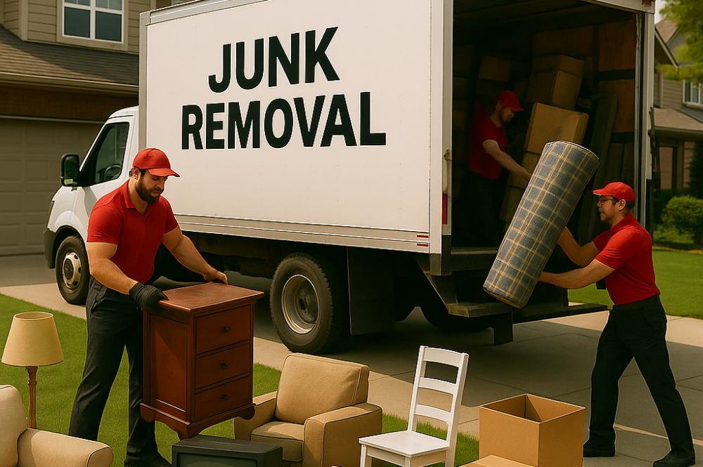 Fine Homes Moving Calgary | Professional Junk Removal and Hauling Services Fine Homes Moving crew members in red uniforms loading old furniture, boxes, and household items into a junk removal truck parked in front of a Calgary home.
