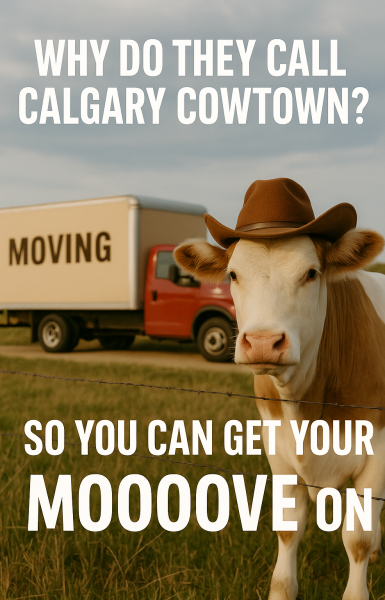 Calgary cow wearing a cowboy hat with a moving truck in the background and the text “Why do they call Calgary Cowtown? So you can get your moooove on” — Fine Homes Moving.