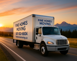 Fine Homes Moving truck driving along an Alberta highway at sunrise with mountains in the background, representing professional long-distance and local moving services.