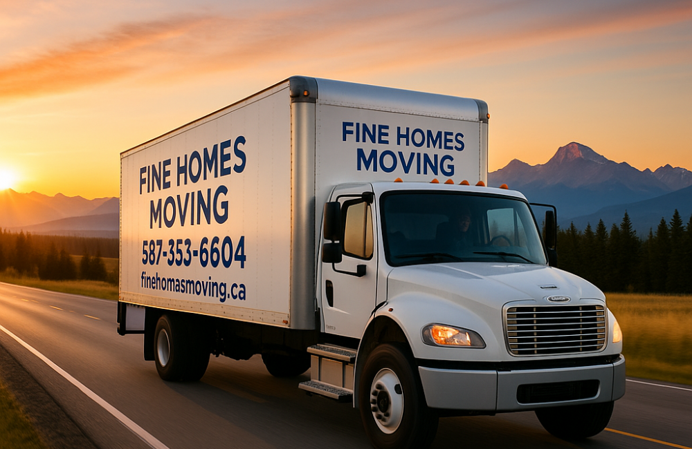 Fine Homes Moving Calgary | Long-Distance and Alberta Highway Moving Experts Fine Homes Moving truck driving along an Alberta highway at sunrise with mountains in the background, representing professional long-distance and local moving services.