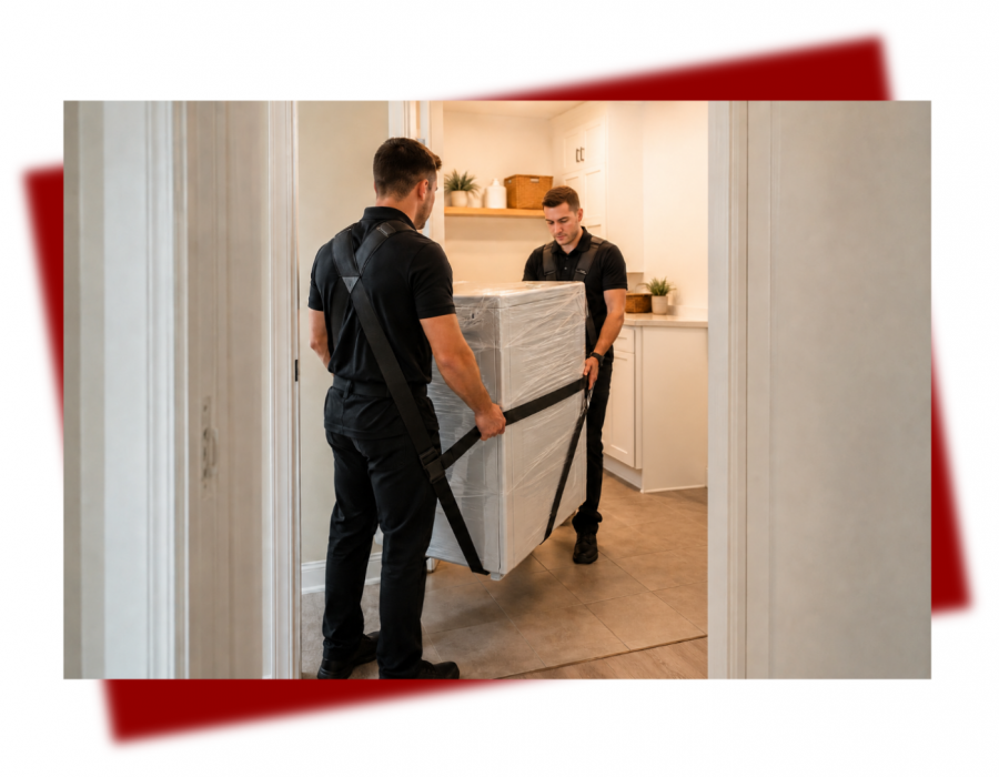 Men moving appliance into modern laundry room