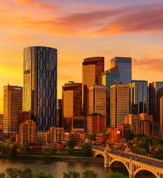 Calgary Downtown Skyline at Sunset | Alberta Cityscape Photography Stunning view of downtown Calgary at sunset featuring The Bow building, modern skyscrapers, and the Centre Street Bridge over the Bow River glowing under a golden sky.