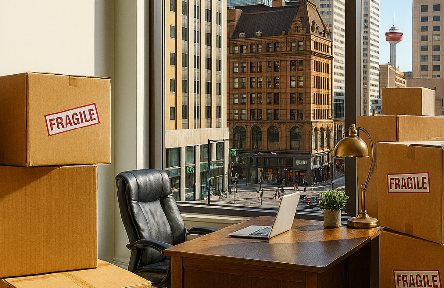 Fine Homes Moving Calgary | Professional Office and Commercial Moving Services Downtown Modern downtown Calgary office with packed boxes labeled “Fragile,” overlooking city skyscrapers and the Calgary Tower, representing Fine Homes Moving’s commercial moving services.
