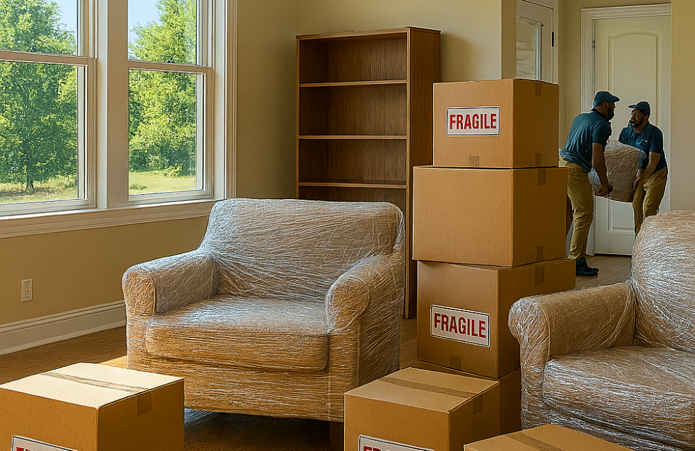 Fine Homes Moving Calgary | Professional Packing and Furniture Moving Services Fine Homes Moving team carefully handling wrapped furniture and stacked boxes labeled “Fragile” inside a bright Calgary home, showcasing safe packing and moving services.