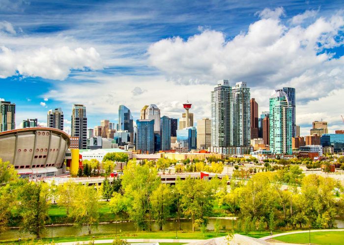 Image of Calgary Saddledome and Calgary Tower, surrounded by trees and office buildings.