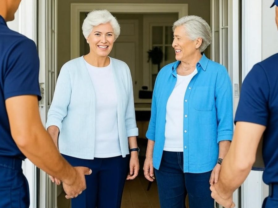 Two senior women smiling at their doorway as professional movers in uniform greet them, representing Fine Homes Moving’s friendly senior relocation services in Calgary.