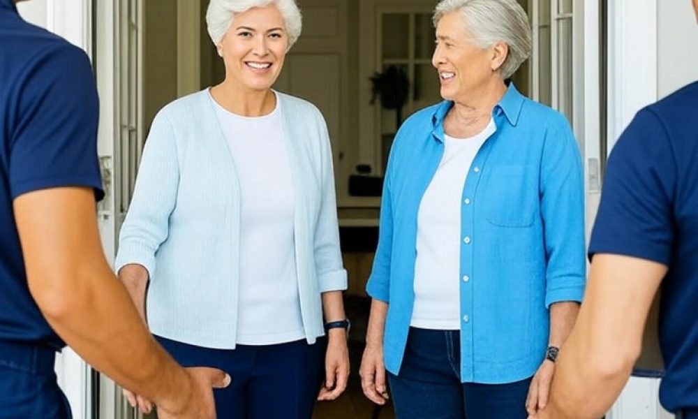 Two senior women smiling at their doorway as professional movers in uniform greet them, representing Fine Homes Moving’s friendly senior relocation services in Calgary.