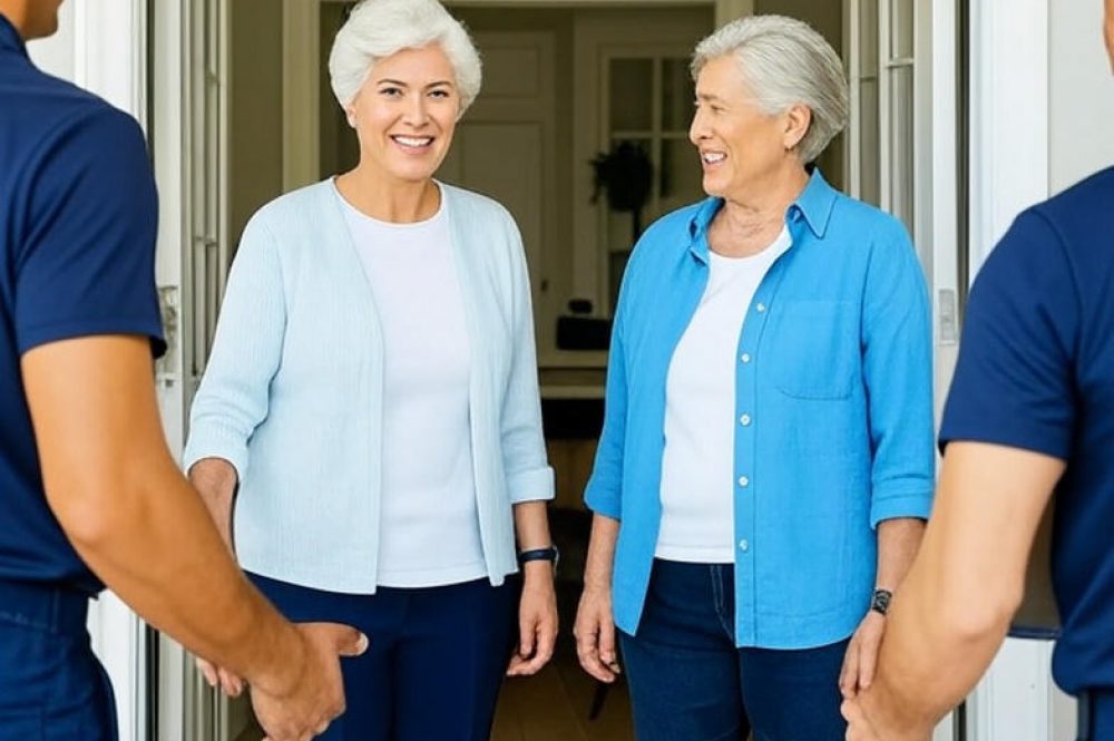 Fine Homes Moving Calgary | Friendly and Professional Senior Moving Assistance Two senior women smiling at their doorway as professional movers in uniform greet them, representing Fine Homes Moving’s friendly senior relocation services in Calgary.