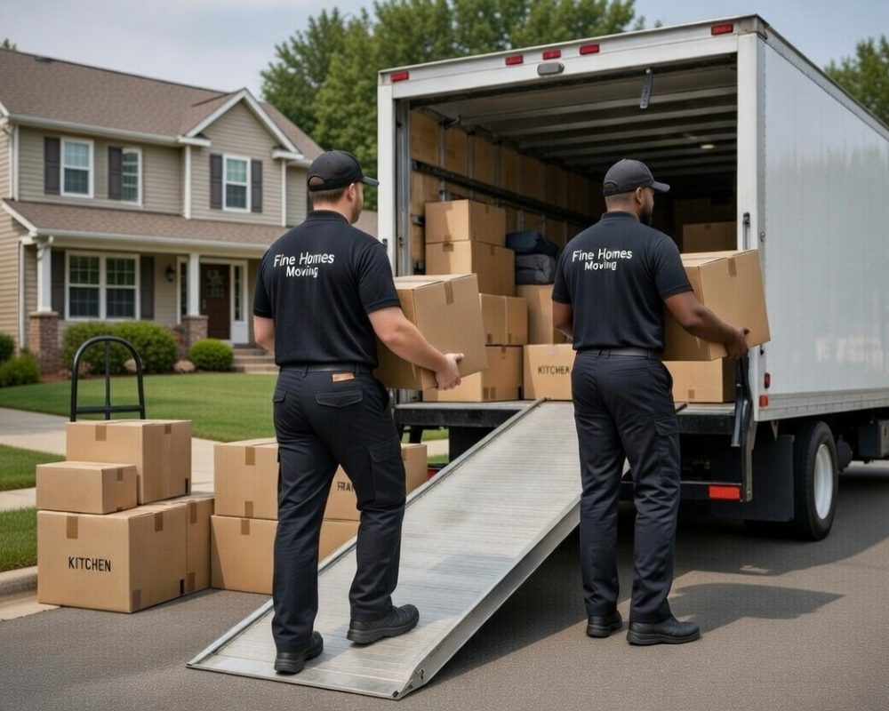 Movers carrying boxes to load up a box truck