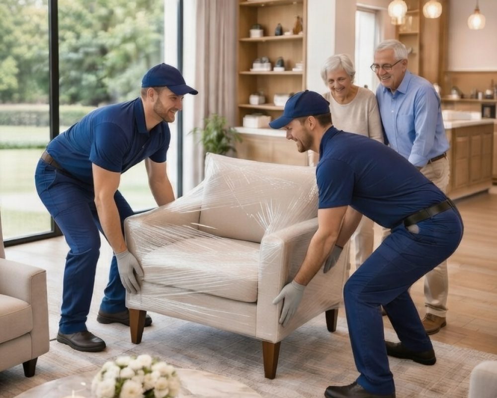 Two movers gently placing down a couch in the living room of a seniors home